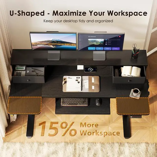Alt view image 6 of 7 - U Shaped Electric Standing Desk with Drawers, 55 Inch Height Adjustable Desk with Keyboard Tray Ergonomic Monitor Stand, Sit Stand Table with Power Outlets for Home, Office, Black