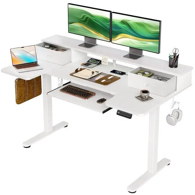 Main image of U Shaped Electric Standing Desk with Drawers, 55 Inch Height Adjustable Desk with Keyboard Tray Ergonomic Monitor Stand, Sit Stand Table with Power Outlets for Home, Office, White