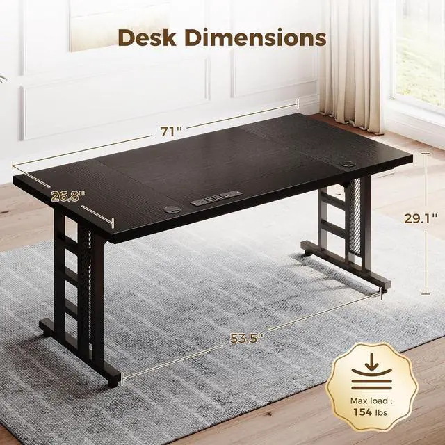Alt view image 3 of 7 - Executive Desk, 71 Inch Office Table with Power Ports, Large Computer Desk with 3-Piece Thickened Board for Home Office, Workstation, Black(not Adjustable)