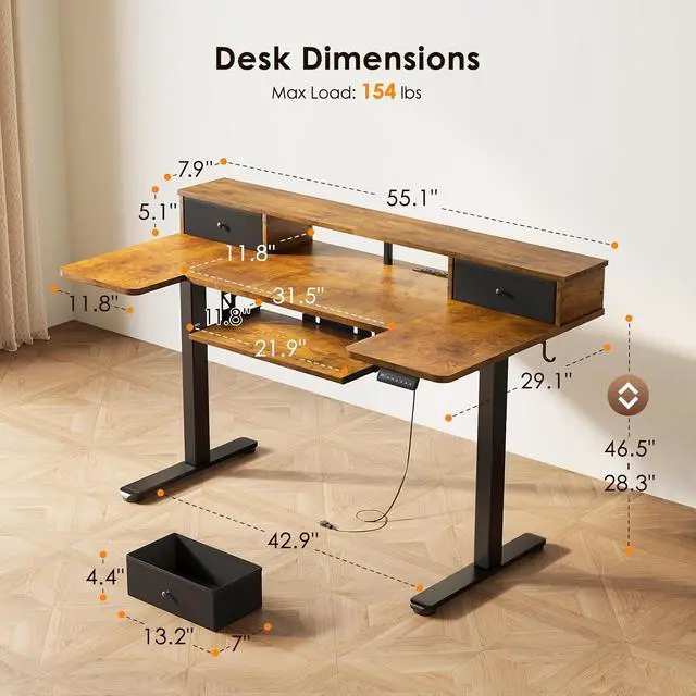 Alt view image 3 of 7 - U Shaped Electric Standing Desk with Drawers, 55 Inch Height Adjustable Desk with Keyboard Tray Ergonomic Monitor Stand, Sit Stand Table with Power Outlets for Home, Office, Rustic Brown