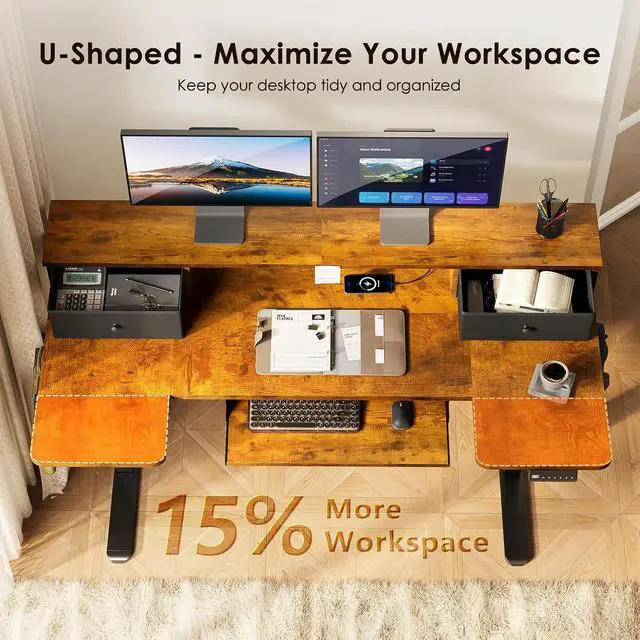 Alt view image 6 of 7 - U Shaped Electric Standing Desk with Drawers, 55 Inch Height Adjustable Desk with Keyboard Tray Ergonomic Monitor Stand, Sit Stand Table with Power Outlets for Home, Office, Rustic Brown