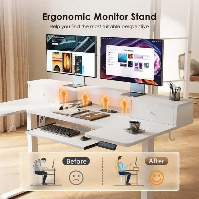 Alt view image 7 of 7 - U Shaped Electric Standing Desk with Drawers, 55 Inch Height Adjustable Desk with Keyboard Tray Ergonomic Monitor Stand, Sit Stand Table with Power Outlets for Home, Office, White