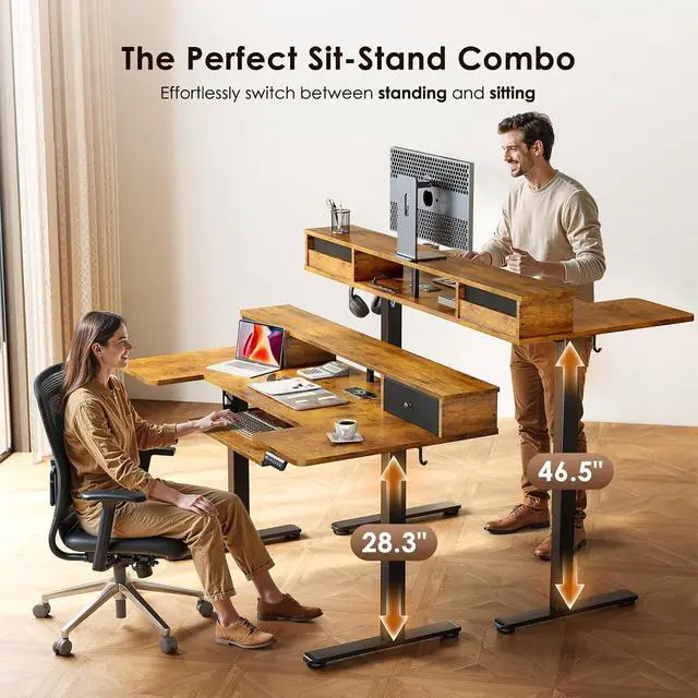 Alt view image 5 of 7 - U Shaped Electric Standing Desk with Drawers, 55 Inch Height Adjustable Desk with Keyboard Tray Ergonomic Monitor Stand, Sit Stand Table with Power Outlets for Home, Office, Rustic Brown