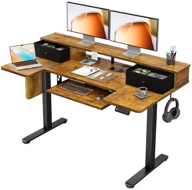 Main image of U Shaped Electric Standing Desk with Drawers, 55 Inch Height Adjustable Desk with Keyboard Tray Ergonomic Monitor Stand, Sit Stand Table with Power Outlets for Home, Office, Rustic Brown