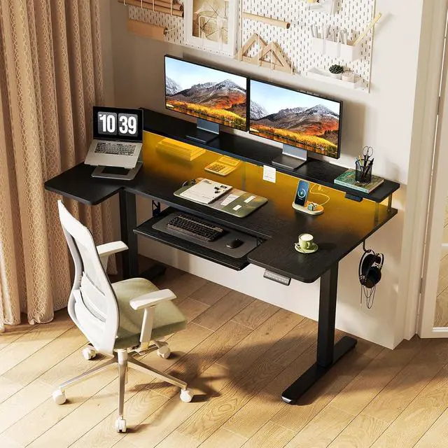 Alt view image 2 of 7 - U Shaped Electric Standing Desk with Keyboard Tray, 55 Inch Height Adjustable Desk with Power Outlets & LED Lights, Sit Stand Table with Monitor Stand for Home, Office, Black