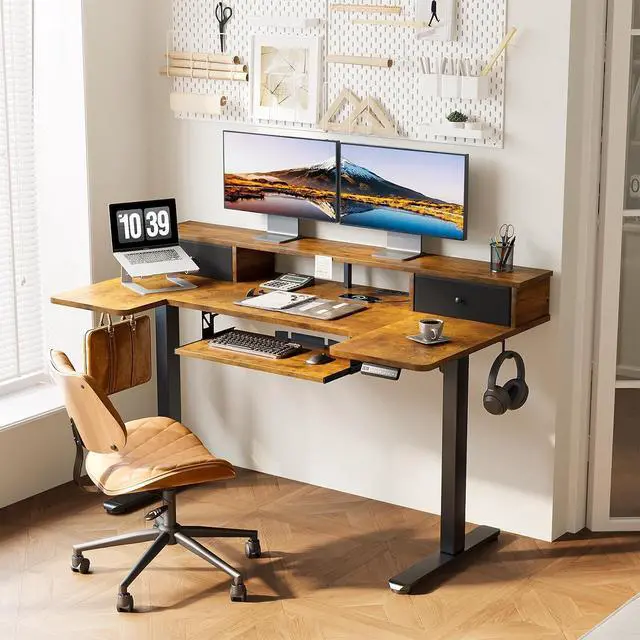 Alt view image 2 of 7 - U Shaped Electric Standing Desk with Drawers, 55 Inch Height Adjustable Desk with Keyboard Tray Ergonomic Monitor Stand, Sit Stand Table with Power Outlets for Home, Office, Rustic Brown