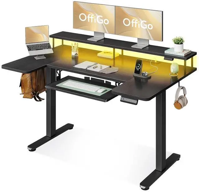 Main image of U Shaped Electric Standing Desk with Keyboard Tray, 55 Inch Height Adjustable Desk with Power Outlets & LED Lights, Sit Stand Table with Monitor Stand for Home, Office, Black