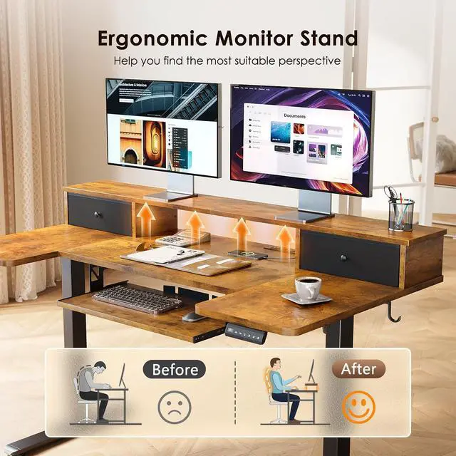 Alt view image 7 of 7 - U Shaped Electric Standing Desk with Drawers, 55 Inch Height Adjustable Desk with Keyboard Tray Ergonomic Monitor Stand, Sit Stand Table with Power Outlets for Home, Office, Rustic Brown