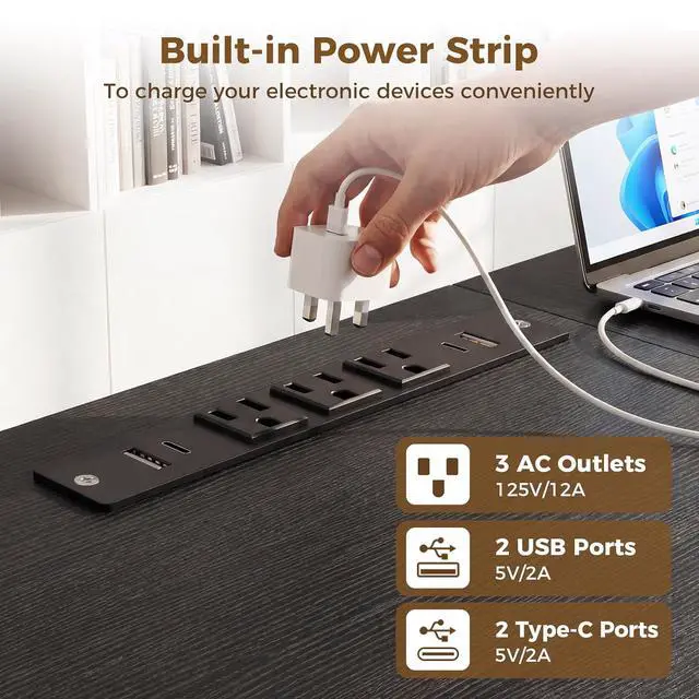Alt view image 5 of 7 - Executive Desk, 71 Inch Office Table with Power Ports, Large Computer Desk with 3-Piece Thickened Board for Home Office, Workstation, Black(not Adjustable)