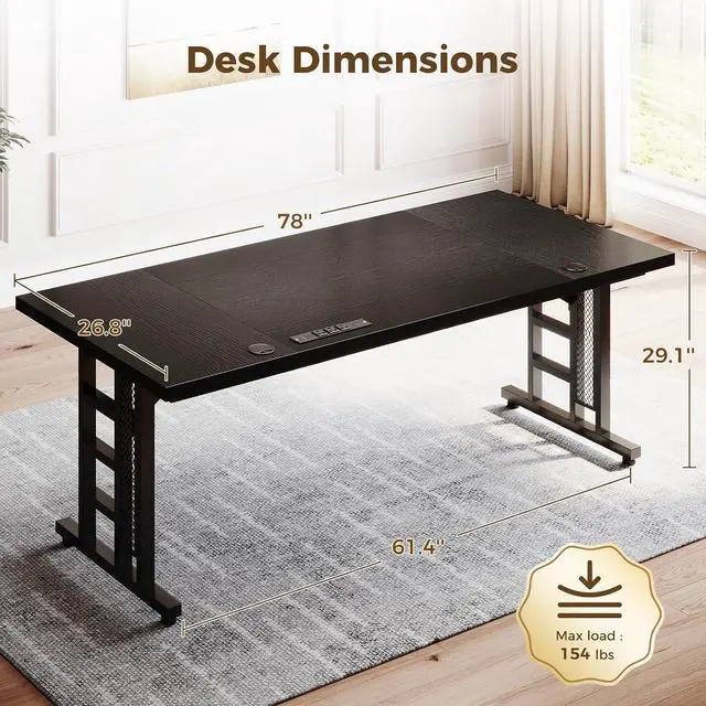 Alt view image 3 of 7 - Executive Desk, 78 Inch Office Table with Power Ports, Large Computer Desk with 3-Piece Thickened Board for Home Office, Workstation, Black(not Adjustable)