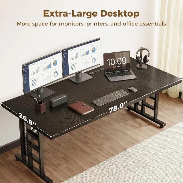 Alt view image 4 of 7 - Executive Desk, 78 Inch Office Table with Power Ports, Large Computer Desk with 3-Piece Thickened Board for Home Office, Workstation, Black(not Adjustable)
