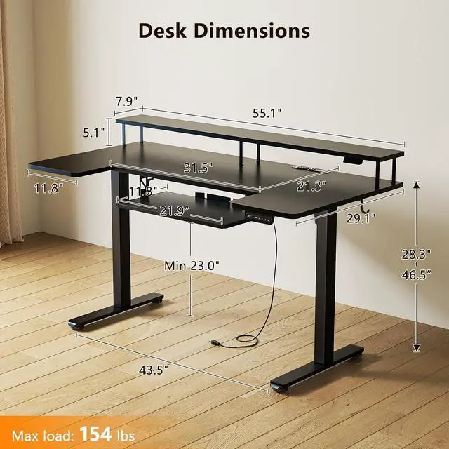 Alt view image 3 of 7 - U Shaped Electric Standing Desk with Keyboard Tray, 55 Inch Height Adjustable Desk with Power Outlets & LED Lights, Sit Stand Table with Monitor Stand for Home, Office, Black