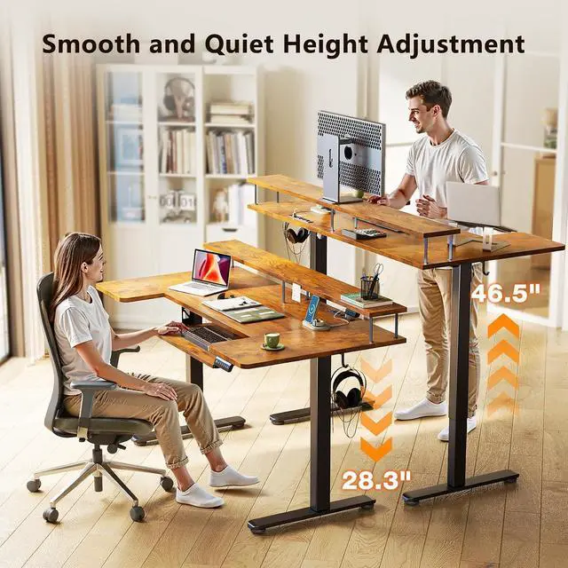 Alt view image 4 of 7 - U Shaped Electric Standing Desk with Keyboard Tray, 55 Inch Height Adjustable Desk with Power Outlets & LED Lights, Sit Stand Table with Monitor Stand for Home, Office, Rustic Brown