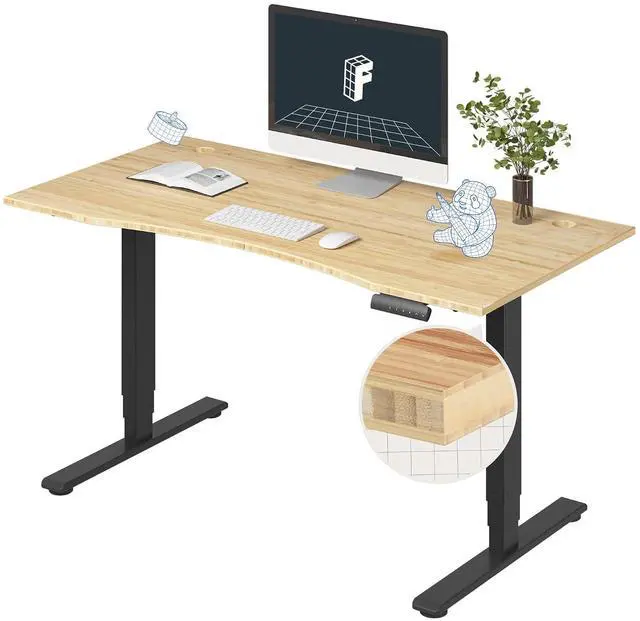 Main image of E6 Bamboo 3-Stage Dual Motor Electric Standing Desk 55 x 28 Sit Stand Up Desk, Holds 220 lbs, Adjustable Height w/ Memory Presets, Solid Bamboo Curved Desktop & Black Frame, Ships in 2 Boxes