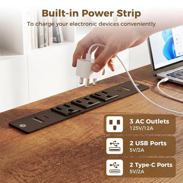 Alt view image 5 of 7 - Executive Desk, 78 Inch Office Table with Power Ports, Large Computer Desk with 3-Piece Thickened Board for Home Office, Workstation, Rustic Brown(not Adjustable)