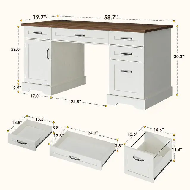 Alt view image 2 of 7 - 59 Inch Farmhouse Desk with Drawers, Executive Computer Desk with Charging Station, Wood File Cabinet Storage for Home Office, Walnut+White