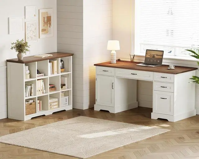 Alt view image 3 of 7 - 59 Inch Farmhouse Desk with Drawers, Executive Computer Desk with Charging Station, Wood File Cabinet Storage for Home Office, Walnut+White