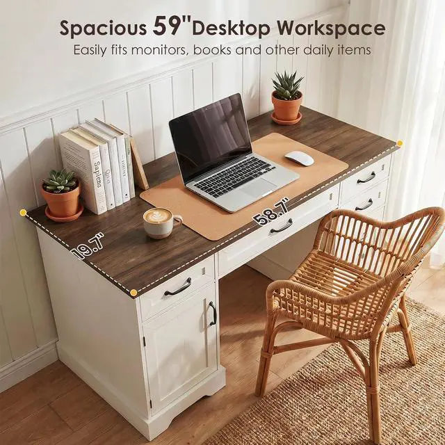 Alt view image 4 of 7 - 59 Inch Farmhouse Desk with Drawers, Executive Computer Desk with Charging Station, Wood File Cabinet Storage for Home Office, Walnut+White