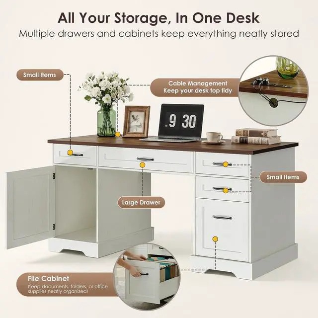 Alt view image 5 of 7 - 59 Inch Farmhouse Desk with Drawers, Executive Computer Desk with Charging Station, Wood File Cabinet Storage for Home Office, Walnut+White