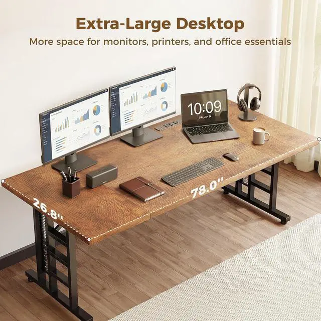 Alt view image 4 of 7 - Executive Desk, 78 Inch Office Table with Power Ports, Large Computer Desk with 3-Piece Thickened Board for Home Office, Workstation, Rustic Brown(not Adjustable)