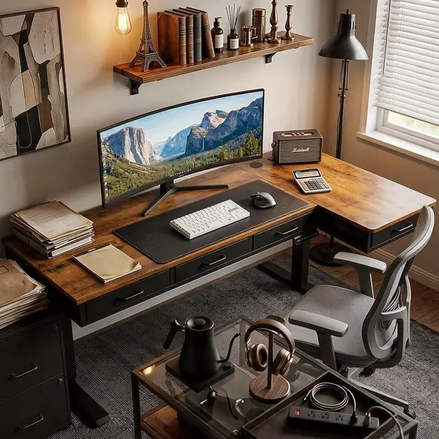 Alt view image 2 of 7 - 63 Inch L Shaped Electric Standing Desk with Drawers, Height Adjustable Large Desk with Power Outlets, Sit Stand Table, Writing Computer Desk for Home, Office, Workstation, Rustic Brown