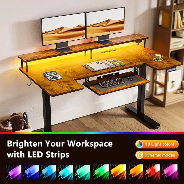 Alt view image 7 of 7 - U Shaped Electric Standing Desk with Keyboard Tray, 55 Inch Height Adjustable Desk with Power Outlets & LED Lights, Sit Stand Table with Monitor Stand for Home, Office, Rustic Brown