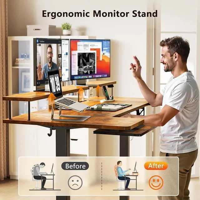 Alt view image 6 of 7 - U Shaped Electric Standing Desk with Keyboard Tray, 55 Inch Height Adjustable Desk with Power Outlets & LED Lights, Sit Stand Table with Monitor Stand for Home, Office, Rustic Brown