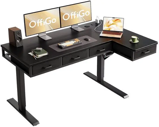 Main image of 55 Inch L Shaped Electric Standing Desk with Drawers, Height Adjustable Large Desk with Power Outlets, Sit Stand Table, Writing Computer Desk for Home, Office, Workstation, Black