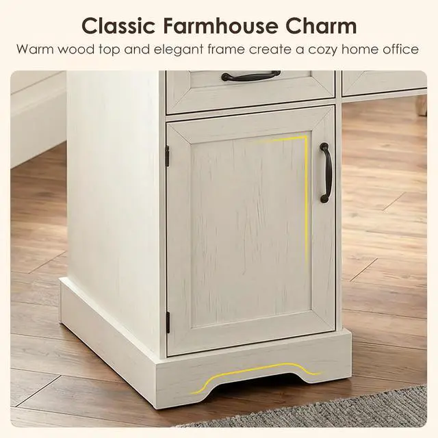 Alt view image 7 of 7 - 59 Inch Farmhouse Desk with Drawers, Executive Computer Desk with Charging Station, Wood File Cabinet Storage for Home Office, Walnut+White