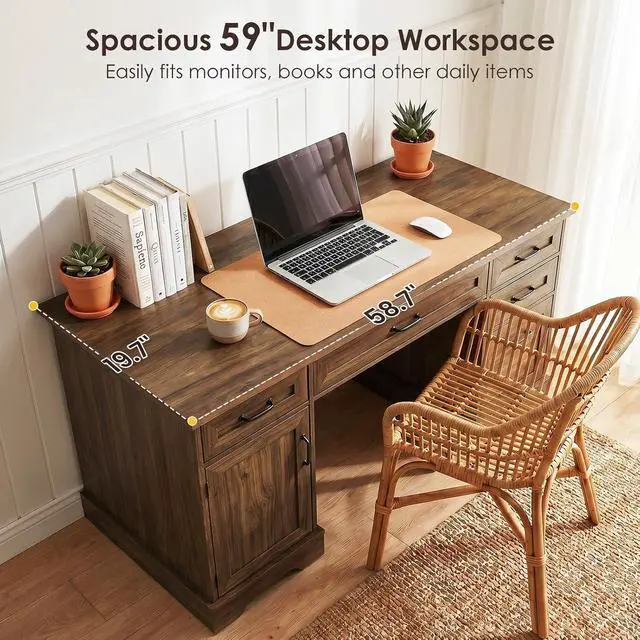 Alt view image 4 of 7 - 59 Inch Farmhouse Desk with Drawers, Executive Computer Desk with Charging Station, Wood File Cabinet Storage for Home Office, Walnut