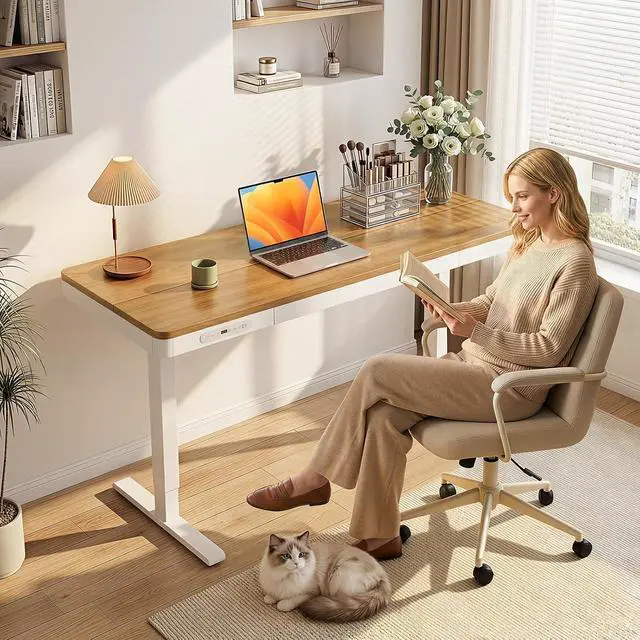 Alt view image 2 of 7 - 55 Inch Electric Standing Desk, Height Adjustable Table with Storage, Sit Stand Desk with Charging Station for Home Office, Computer Workstation, Maple+White