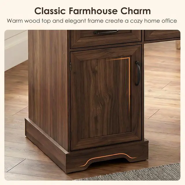 Alt view image 7 of 7 - 59 Inch Farmhouse Desk with Drawers, Executive Computer Desk with Charging Station, Wood File Cabinet Storage for Home Office, Walnut