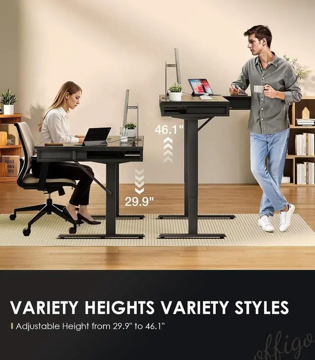 Alt view image 4 of 7 - 55 Inch L Shaped Electric Standing Desk with Drawers, Height Adjustable Large Desk with Power Outlets, Sit Stand Table, Writing Computer Desk for Home, Office, Workstation, Black
