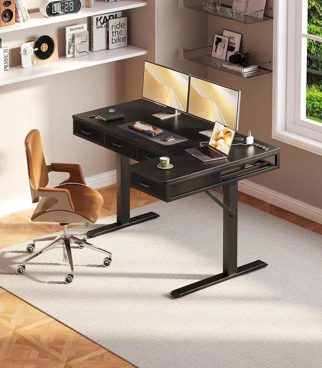 Alt view image 2 of 7 - 55 Inch L Shaped Electric Standing Desk with Drawers, Height Adjustable Large Desk with Power Outlets, Sit Stand Table, Writing Computer Desk for Home, Office, Workstation, Black