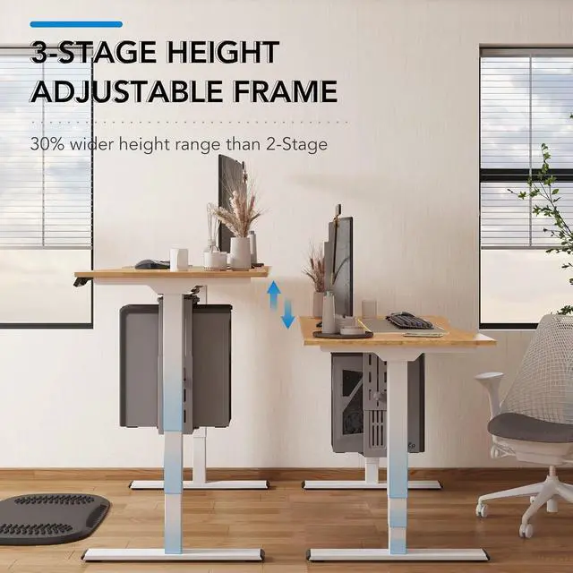 Alt view image 4 of 7 - E6 Bamboo 3-Stage Dual Motor Electric Standing Desk 48 x 24 Sit Stand Up Desk, Holds 220 lbs, Adjustable Height w/ Memory Presets, Solid Bamboo Desktop & White Frame, Ships in 2 Boxes