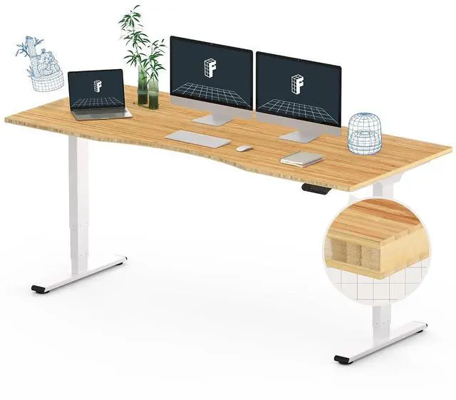Main image of E6 Bamboo 3-Stage Dual Motor 72 x 30 Electric Standing Desk Sit Stand Up Desk, Holds 220 lbs, Adjustable Height w/ Memory Presets, Solid Bamboo Curved Desktop & White Frame, Ships in 2 Boxes