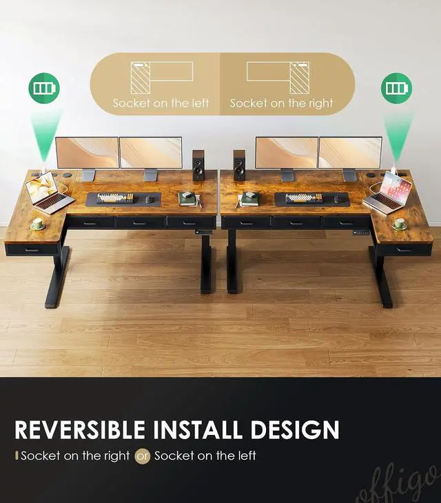 Alt view image 5 of 7 - 55 Inch L Shaped Electric Standing Desk with Drawers, Height Adjustable Large Desk with Power Outlets, Sit Stand Table, Writing Computer Desk for Home, Office, Workstation, Rustic Brown