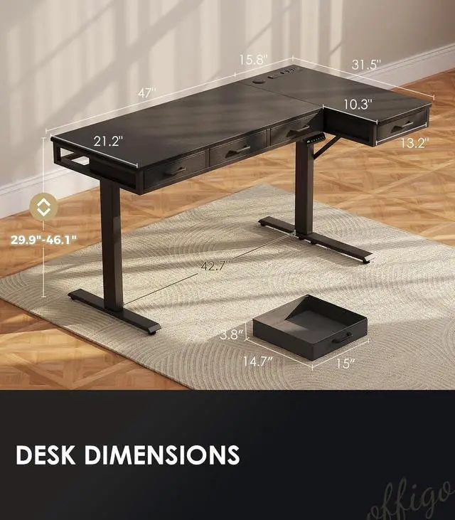 Alt view image 3 of 7 - 63 Inch L Shaped Electric Standing Desk with Drawers, Height Adjustable Large Desk with Power Outlets, Sit Stand Table, Writing Computer Desk for Home, Office, Workstation, Black