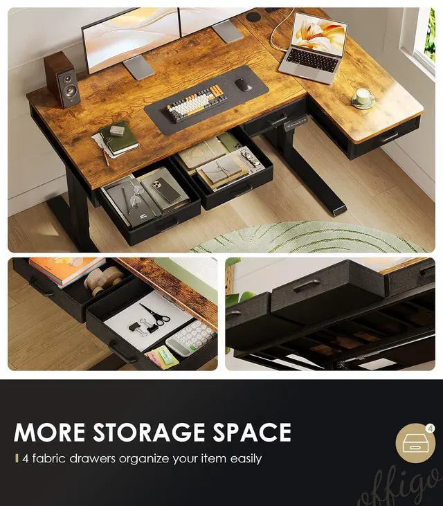 Alt view image 6 of 7 - 55 Inch L Shaped Electric Standing Desk with Drawers, Height Adjustable Large Desk with Power Outlets, Sit Stand Table, Writing Computer Desk for Home, Office, Workstation, Rustic Brown