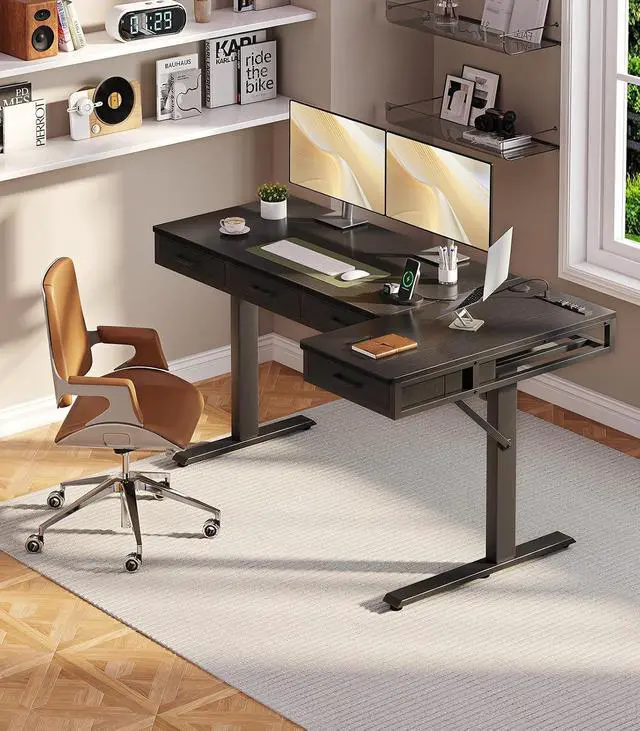 Alt view image 2 of 7 - 63 Inch L Shaped Electric Standing Desk with Drawers, Height Adjustable Large Desk with Power Outlets, Sit Stand Table, Writing Computer Desk for Home, Office, Workstation, Black