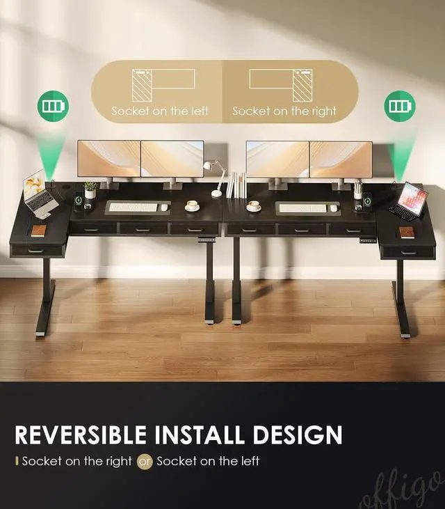 Alt view image 6 of 7 - 63 Inch L Shaped Electric Standing Desk with Drawers, Height Adjustable Large Desk with Power Outlets, Sit Stand Table, Writing Computer Desk for Home, Office, Workstation, Black