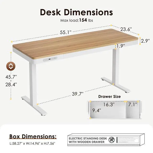 Alt view image 3 of 7 - 55 Inch Electric Standing Desk, Height Adjustable Table with Storage, Sit Stand Desk with Charging Station for Home Office, Computer Workstation, Maple+White