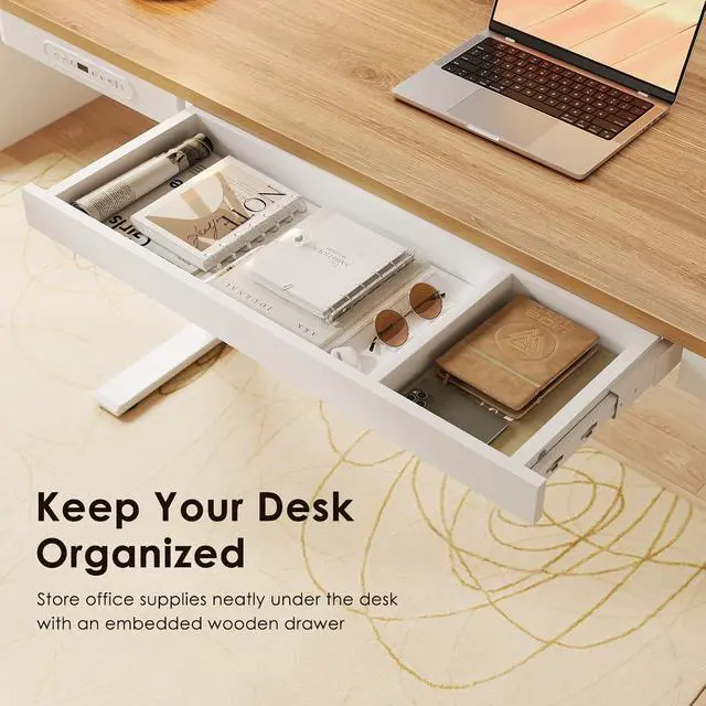 Alt view image 6 of 7 - 55 Inch Electric Standing Desk, Height Adjustable Table with Storage, Sit Stand Desk with Charging Station for Home Office, Computer Workstation, Maple+White