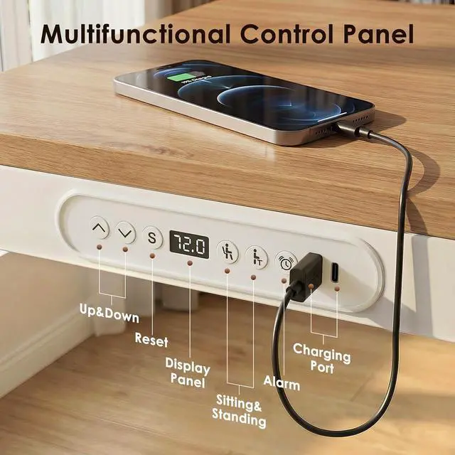 Alt view image 7 of 7 - 55 Inch Electric Standing Desk, Height Adjustable Table with Storage, Sit Stand Desk with Charging Station for Home Office, Computer Workstation, Maple+White