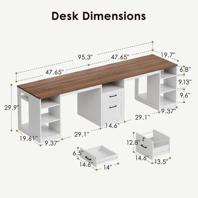 Alt view image 2 of 7 - Farmhouse Two Person Desk, 95.3 Inch Computer Desk with Drawers, Long Double Writing Table with Storage Cabinet for Home Office, Walnut+White