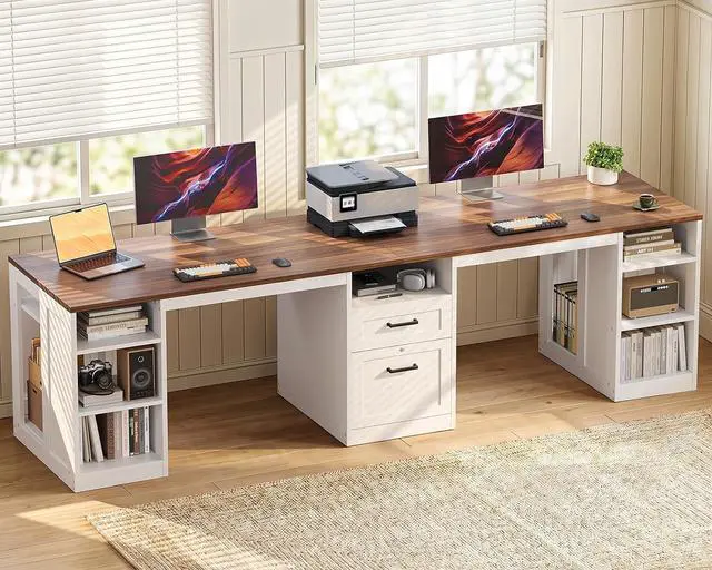 Main image of Farmhouse Two Person Desk, 95.3 Inch Computer Desk with Drawers, Long Double Writing Table with Storage Cabinet for Home Office, Walnut+White