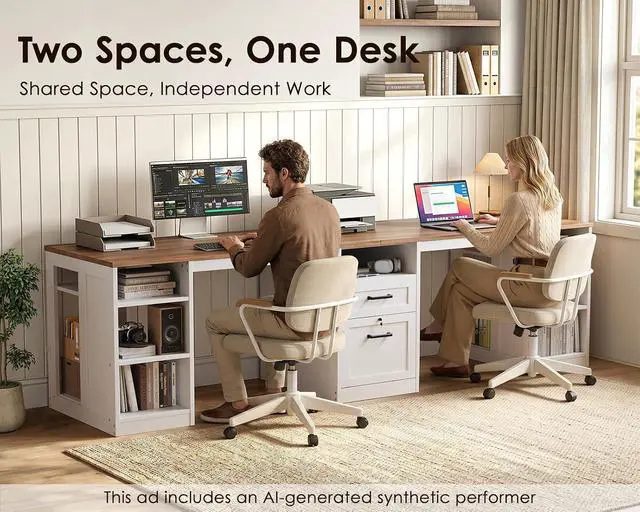 Alt view image 3 of 7 - Farmhouse Two Person Desk, 95.3 Inch Computer Desk with Drawers, Long Double Writing Table with Storage Cabinet for Home Office, Walnut+White