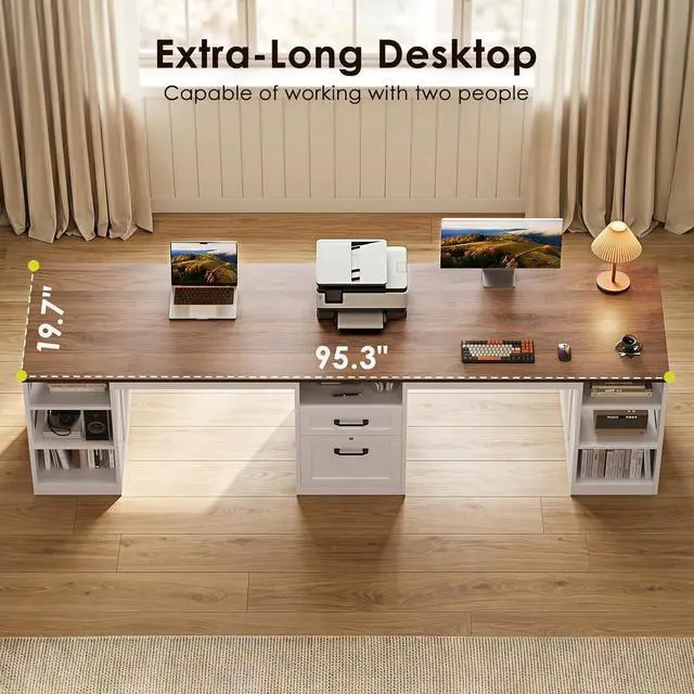 Alt view image 4 of 7 - Farmhouse Two Person Desk, 95.3 Inch Computer Desk with Drawers, Long Double Writing Table with Storage Cabinet for Home Office, Walnut+White