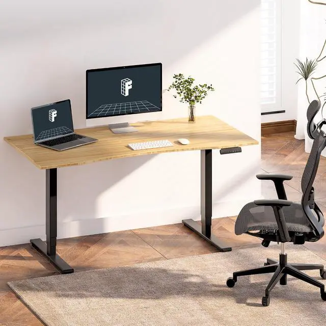 Alt view image 2 of 7 - E6 Bamboo 3-Stage Dual Motor Electric Standing Desk 55 x 28 Sit Stand Up Desk, Holds 220 lbs, Adjustable Height w/ Memory Presets, Solid Bamboo Curved Desktop & Black Frame, Ships in 2 Boxes