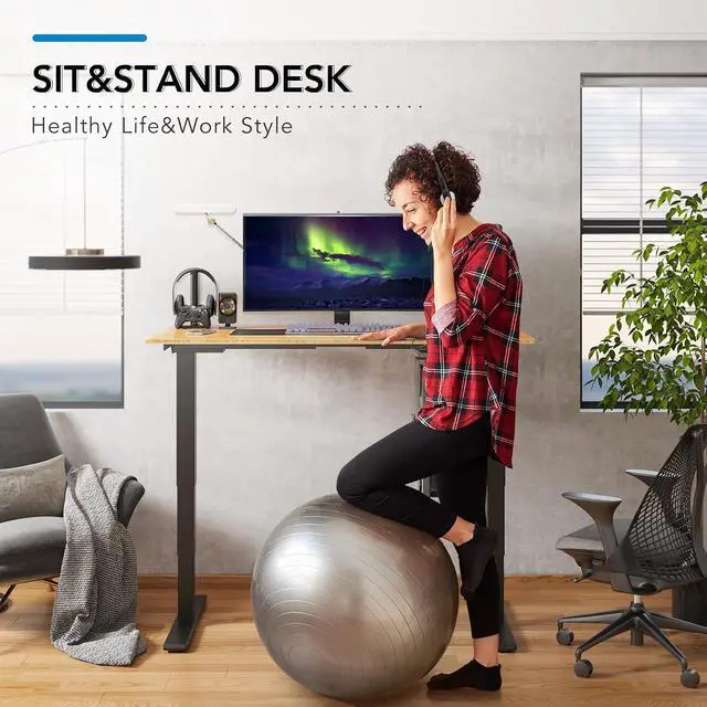 Alt view image 3 of 7 - E6 Bamboo 3-Stage Dual Motor 72 x 30 Electric Standing Desk Sit Stand Up Desk, Holds 220 lbs, Adjustable Height w/ Memory Presets, Solid Bamboo Curved Desktop & Black Frame, Ships in 2 Boxes